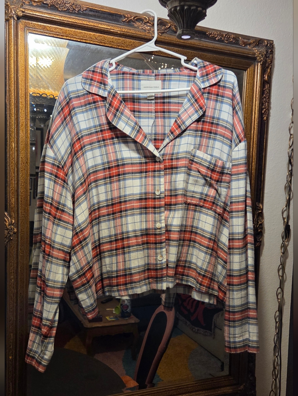XL American Eagle Red/Cream/ Grey Plaid Button Up Cropped Shirt